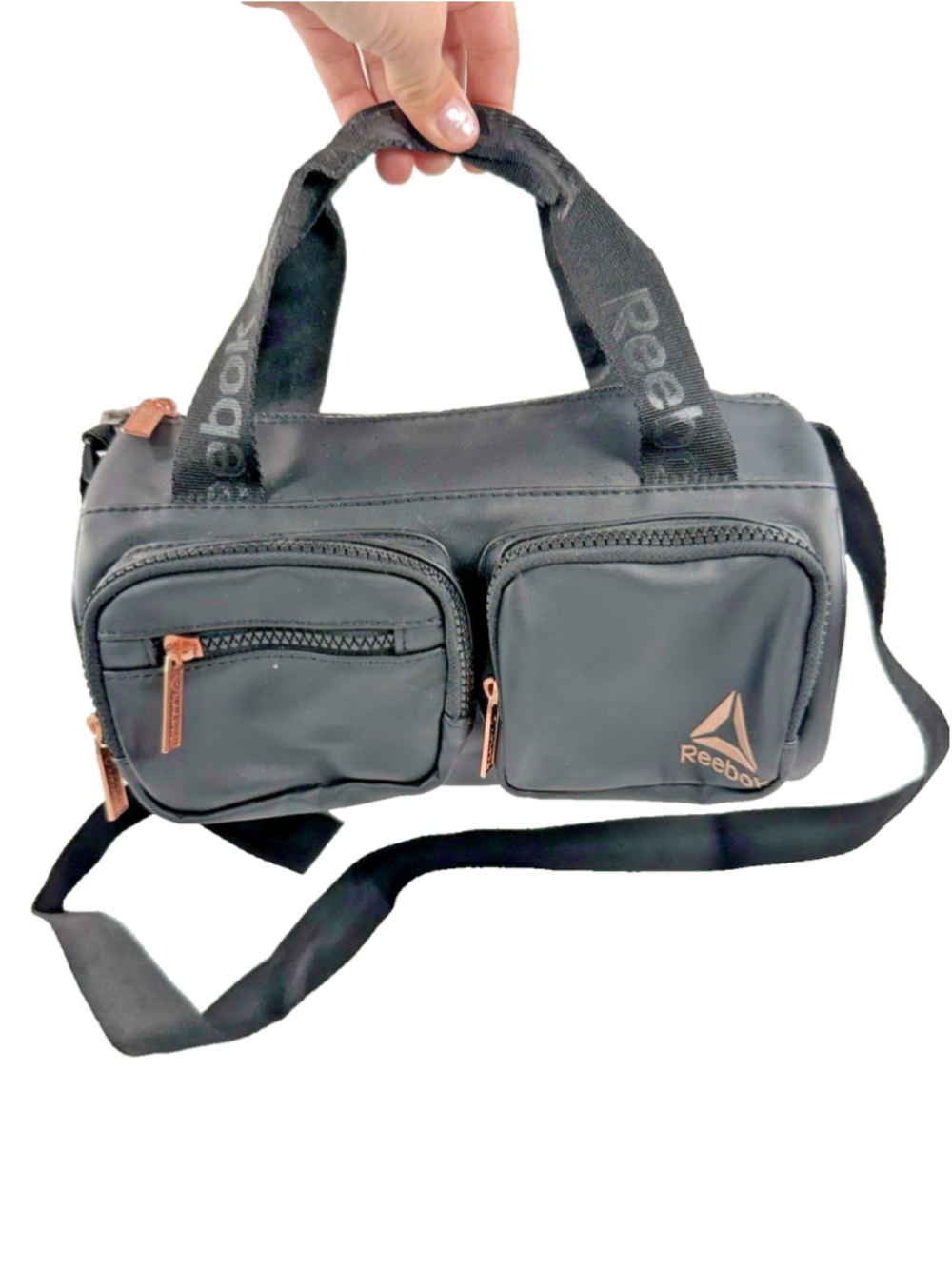 Reebok Black 10" Faux Leather Duffle Bag Women Adjustable Strap Gym Travel